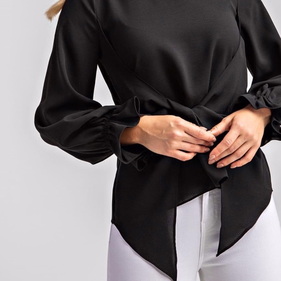 *NEW* BLACK TWIST-FRONT LONG SLEEVE BLOUSE WITH RUFFLE CUFF - Picture 3 of 5